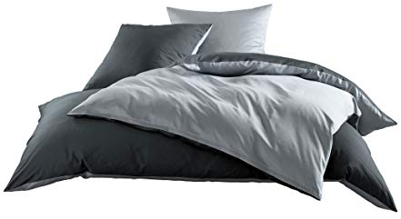 Mako Satin Baumwollsatin Wende Bettwäsche Garnitur - viele Farben und Größen (grau - anthrazit, 1x 135x200 + 1x 80x80 cm)