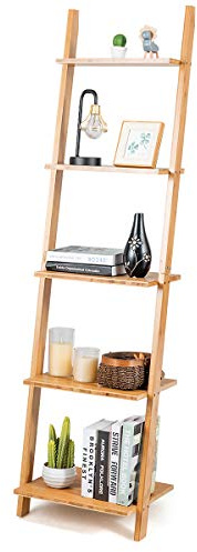 Tangkula Bamboo 5-Tier Ladder Shelf Bookshelf, Wall-Leaning Bookshelf, Plant Flower Stand, Storage Display Shelves for Living Room Bathroom Office, Multifunctional Ladder Bookcase (Natural)