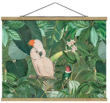 Stoffbild mit Posterleisten - Vintage Collage - Kakadu Kolibri - 60 x 80cm Eiche