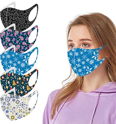 Pitashe 5 Stück Damen Mundschutz mit Weihnachten Motiv Mode Baumwolle Stoff Waschbar Atmungsaktiv Staubdichte Mund und Nasenschutz Halstuch Bandana Schals Schlauchtuch Schlauchschal für Festival Party