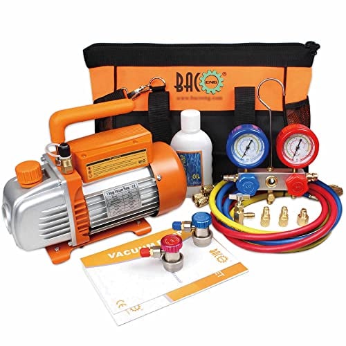 BACOENG Bomba de Vacío Aire Acondicionado con Juego de Manómetros Diagnósticos R134A R410A R407C, Bomba de Vacío con Manometros Aire Acondicionado Ideal para HVAC/Auto AC