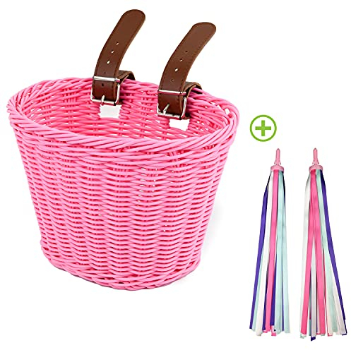 BINOTHINK Fahrradkorb Kinder, Fahrradkorb Geflochten für Mädchen und Kinder vorne, Fahrradkörbchen Kinder aus Kunststoff, mit Lederriemen, Luftschlangen, dekorativ, abnehmbar (PINK)