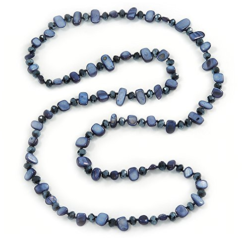 Avalaya Statement Long Dark Blue Shell Nugget and Glass Crystal Bead Necklace/110cm L