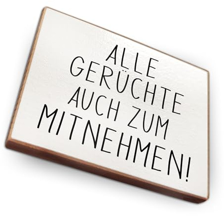 Kühlschrankmagnet mit Spruch - Handmade aus Buchenholz - Magnet für Kühlschrank Süß Witzig Lustig - Küchen Kühlschrank Deko 6.5cm x 5cm - Geschenk-Idee (Alle Gerüchte auch zum Mitnehmen)