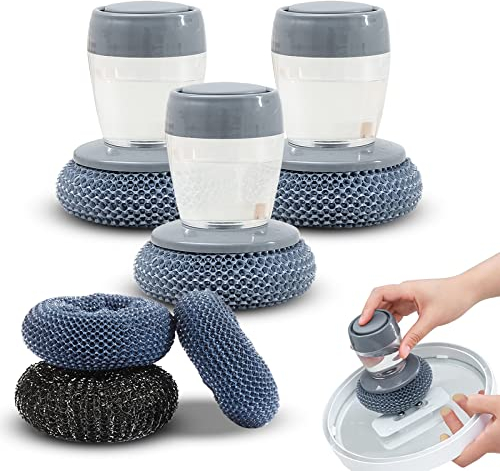 Metal Cleaning Sponges, 3Pack Stainless Steel Sponges Wool Scrubbers, Wire Scourer Heavy Duty Scrubbing Scouring Pad Pot Brush with Soap Dispenser for Kitchen Cleaner Dishes,Cooker