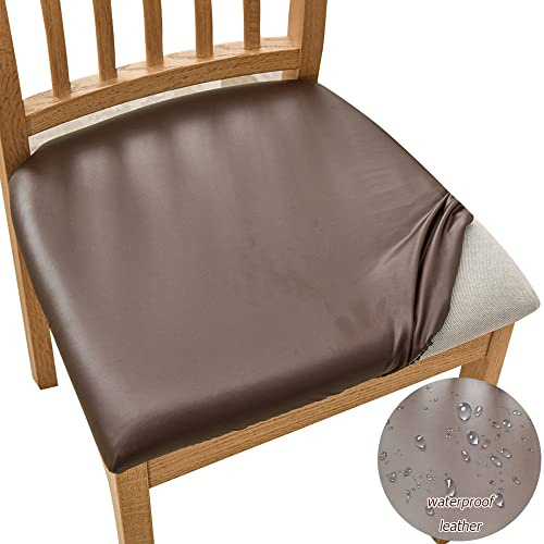 Highdi Wasserdichtes PU Leder Esszimmerstuhl Sitzbezüge 1/2/4/6er Set, Stretch Sitzschutzbezug Sitzkissenbezug Abnehmbar Waschbarer Sitzkissen Hussen für Bürostuhl Armlehnen Stuhl (Braun,4 er Set)