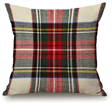 Solekla Karo Kissenbezug 45,7 x 45,7 cm, Schottisches Schottenkaro, Rot und Weiß, Wolle, Kariert, Symmetrisch, Quadratisch, Doppelseitig, Dekorativ, Überwurf-Kissenbezug