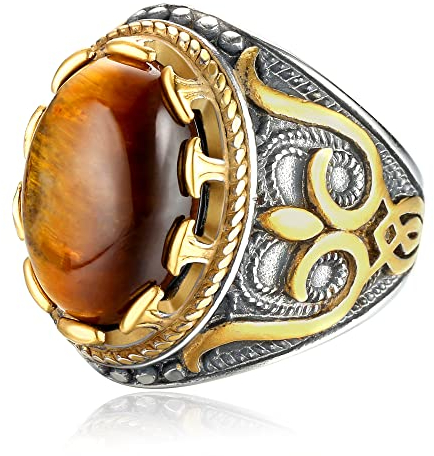 Dochais Tolles Geschenk für Männer,Schmuck Herren-Ring aus Edelstahl Matt,Klassisches Großer Herrenring,Ring mit Tigerauge Türkis (Gold, 62)