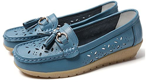 JeathFea Lässige Loafer für Damen mit Metallschnalle atmungsaktiv bequem Leder zum Hineinschlüpfen Mokassins Loafer Schuhe Fahren im Freien zu Fuß Damen Flats