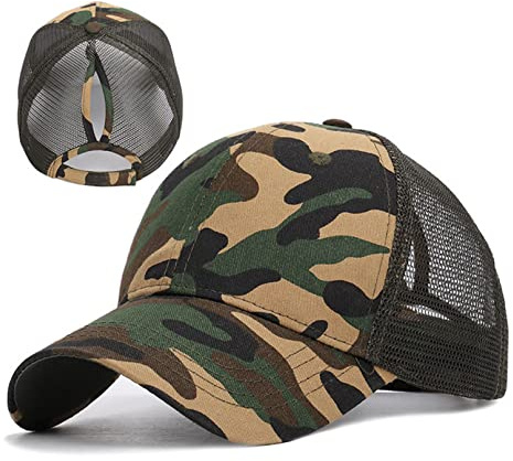 Damen Mesh Baseballmütze, Baumwolle Pferdeschwanzmütze, verstellbare Hip Hop Camouflage Mützen, Sportmütze mit Zöpfen Loch Schleife Hut (Grün)