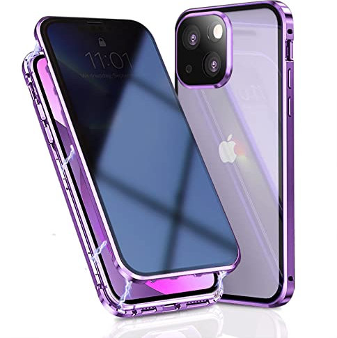 OMGZONE Privacy Case for iPhone 14 Plus Magnetic Cover,Screen Protector built-in Anti-peep Tempered Glass Full Cover with Camera Protector,360 Degree Metal Bumper Case for iPhone 14 Plus,Purple
