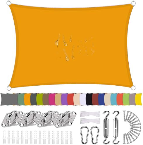 Ziligengsheng Sonnensegel Rechteck 3 x 4m Wasserdicht Sonnenschutz Balkon Terrasse mit Montagezubehör PES Polyester 98% UV-Schutz Reißfest Wetterfest für Garten Outdoor,Mango Gelb