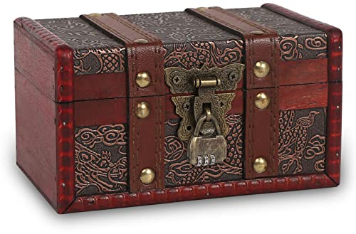 BAVUNV Schatztruhe mit Zahlenschloss, Vintage Holz Schatztruhe Klein Schatzkiste Kindergeburtstag, Schatzkiste mit Schloss aus Leder Truhe aus Holz für Aufbewahren und Dekorieren (16 x 10 x 9cm)