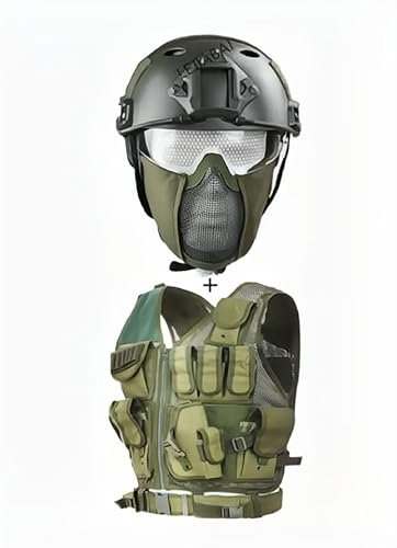 PJ Taktischer Schneller Helm Und Airsoft Maske Schädel Vollmaske,Taktische Weste Outdoor Ultra-Light Atmungsaktive Trainingsweste Kit