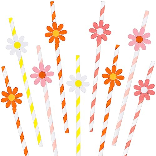 AnyDesign 60Pcs Daisy Paper Straws Groovy Hippie Boho Flower Disposable Straws Colorful Floral Drinking Straws Party Decorations for Beverages Cocktail Wedding Baby Shower Party Supplies, 4 Designs