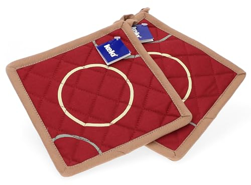 MamboCat Set di 2 presine Diego, rosso-marrone, con cerchi, 18,5 x 18,5 cm, rosso-marrone con cerchi, ideali per cucinare e cuocere i guanti da forno lavabili