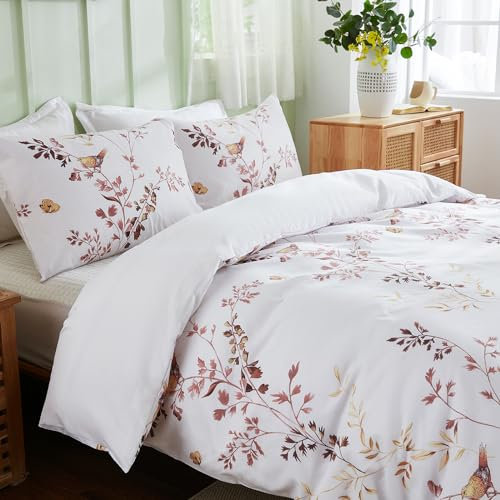 Herside Yellow Birds Duvet Cover Set Super King otanical Flowers Bedding Plants Yellow Birds Printed Country Style Quilt Cover 1 Duvet Cover 2 Pillowcases (White Yellow,Super King)