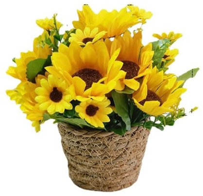 Girasoles Artificiales en Maceta, Pequeñas Plantas Artificiales con Flores, Flores Artificiales en Maceta con Cesta de Ratán, Flores Falsas en Maceta, Plantas de Girasoles Falsos, Bonsái para(#5)