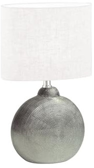 meineWunschleuchte Tischlampe mit Keramikfuß Silber & Lampenschirm Leinen Weiß, Höhe 39cm