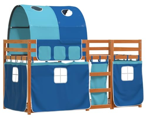 vidaXL Etagenbett, Kinderbett mit Vorhängen Leiter, Hochbett Spielbett für Kinder ab 6 Jahren, Doppel Stockbett Bett, Blau 80x200cm Massivholz Kiefer