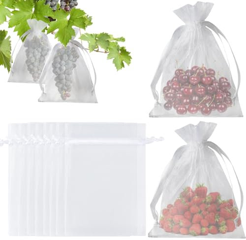 KINGLAKE 50Pcs Fruit Protection Netting Bags, White Organza Gift Bags Large, 17x23cm Garden Plant Protect Net Bags for Fruits Tree Strawberry Grape, Insects Barrier Vegetables Mesh Bags