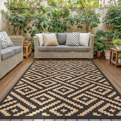 GENlMO Outdoor Teppich Wetterfest 240x300cm Picknickdecke Plastik-Strohhalm Matte UV-bestandig Camping Teppich Waschbarer Outdoor Teppiche fur Garten, Balkon,Pool, Deck, Hinterhof, Schwarz & Braun