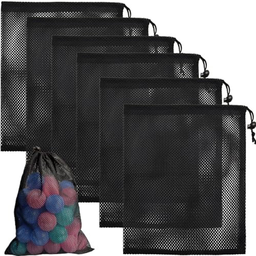CHENGLAI 6 PCS Mesh Drawstring Bag 12 x 15.7, Durable Sports Equipment Net Bag Multipurpose Mesh Storage Bags for Tennis Ball, Golf Ball, Swimming, Camping and Travel, Black