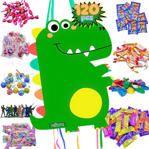 Piñata für Kindergeburtstag, Pinata + Packung mit 120 Spielzeugen und Süßigkeiten, Piñata, Geburtstag, Piñata, Dinosaurier, Pinata, Süßigkeiten Piñata, MANLOZ (grün, 120 Stück)