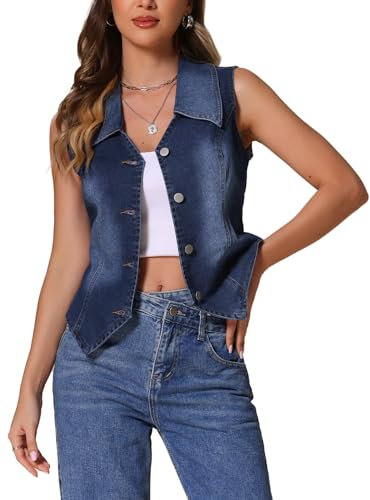 Allegra K Damen Jeansweste Ärmellos mit Kragen V-Ausschnitt Knopfleiste Korsett Bustier Denim Jeansjacke Tiefes Blau S