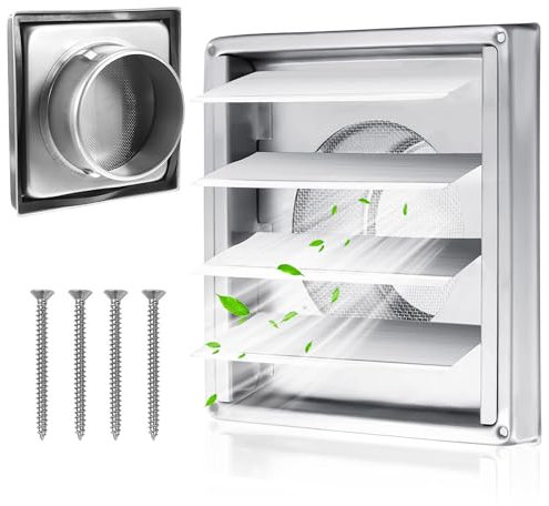 Lüftungsgitter Edelstahl 150mm mit Rückschlagklappe, Wetterschutzgitter mit Insektenschutzgitter Bewegliche Lamellen für VMC-Rohr und Abdeckung Dunstabzug Außen Mit Kautschuk Dichtung (150mm)