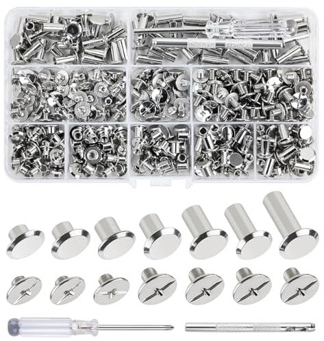 Annickee 175 Sets Chicago Binding Screws, 7 Sizes Leather Rivet Kit, 4/5/6/8/10/12/15mm Book Binding Rivets, Leather Rivets with Screwdriver and Drilling Tool, for Leather Crafts, Clothes, Shoes