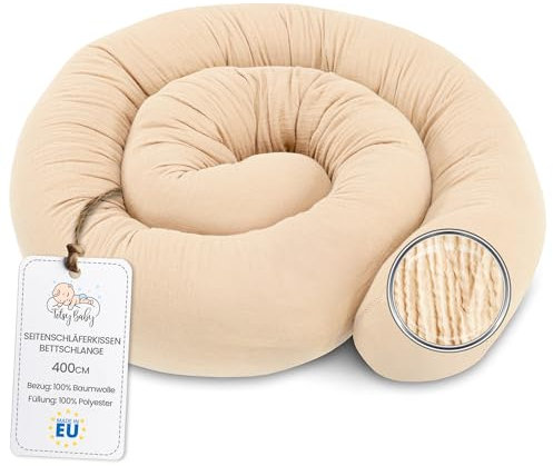 Totsy Baby Seitenschläferkissen Musselin Bettschlange Body Pillow 400 cm Baumwolle - Kopfkissen lang Bettrolle Schlafkissen Nackenrolle Hellbeige