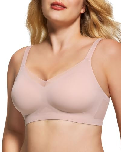 As Fairy Wireless Non-Wired Bra for Women Seamless Push Up with Soft Support Lace V-Neck Mesh Criss-Cross Back Everyday Lounge Yoga Use (Pink Color,L)