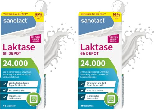 sanotact Laktase 24.000 6h DEPOT (40 Laktasetabletten) • Laktose Tabletten mit Depot-Wirkung • Bei Laktoseintoleranz & Milchunverträglichkeit • Sofortwirkung & 6h Langzeit-Depot (Packung mit 2)