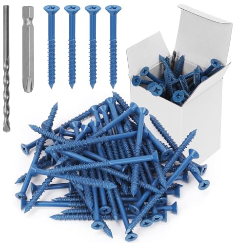 Swpeet Juego de 52 anclajes de tornillo de hormigón de cabeza plana de 3/16 x 3-1/4 pulgadas con destornillador y taladro, juego de surtido, tornillos de hormigón, tornillos autoatornillables para
