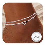 Finrezio Fußkettchen für Damen Silber 925 Layered Verstellbare Fußkette | Fußkettchen Silber für Damen, Verstellbare Silber Herz Fußkette, Sommer Strand Schmuck Geschenk, Fussketten für Frauen
