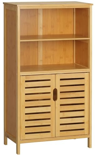 kleankin Mobile Bagno in Bambù, Mobiletto Bagno Salvaspazio con 2 Ante a Persiana e Ripiani Aperti, Armadietto da Terra per Sala da Pranzo, Salotto, Soggiorno, Cucina, 50x29x92 cm, Color Legno