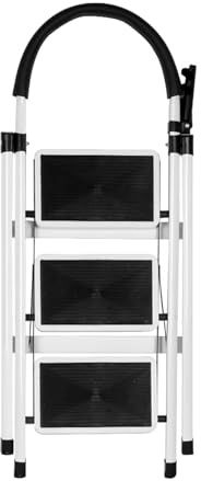 Escabeau avec Plateforme de Travail, Charge 180 kg Escabeau Pliable, Larges Marche Pied Pliable Antidérapantes, Tabouret en Acier Marche Pied Adulte (104 x 57 x 41,5 cm – 3 étapes (Blanc))