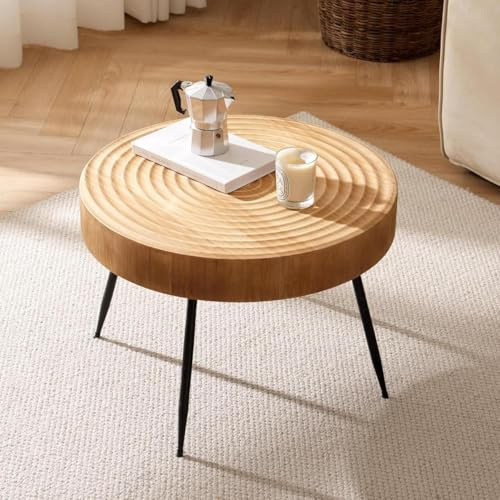 Cagnolier Couchtisch Rund, Wohnzimmertisch aus Holz in Form eines Jahresrades, Coffee Table mit schwarzen Metallbeinen, Sofatisch im Wohnzimmer, Hellbraun Beistelltisch ø60×42cm