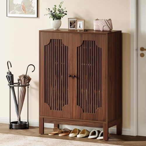 Tribesigns Zapatero de 5 Niveles con Puertas con persianas, Armarios de Almacenamiento de Zapatos con estantes Ajustables, Organizador de Madera para Entrada, Pasillo, Nogal