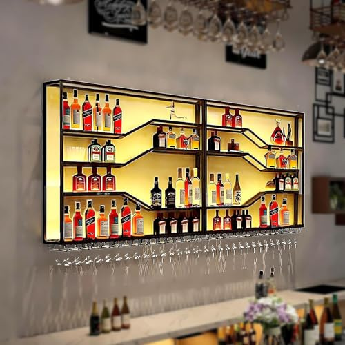 ZYYLIVR Porte-Bouteilles Muraux Industriels avec Porte-Verre,Présentoir À Vin,4 Niveaux Porte - Vin Montage Mural,Fer Murale Étagères Multifonctionnel en Méta,Bar,Restaurant,Cuisine,Noir