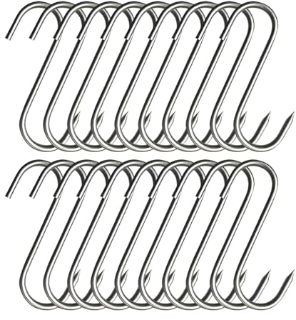 ZMaglorian 20 Unidades Ganchos de Carnicería, Ganchos para Colgar Carne en Acero Inoxidable - en Forma de S Multiusos para Secado, Ahumado y Organización