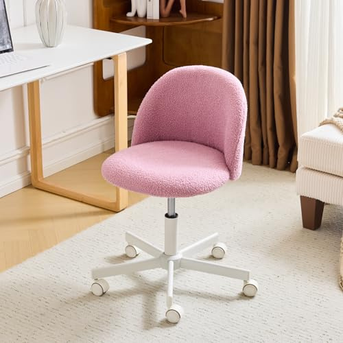 Bonnlo Chaise de Bureau Mignonne sans Accoudoirs, Petite Chaise Confortable, Chaise de Coiffeuse avec Support Lombaire, Chaise Pivotante Réglable pour Bureau, Chambre, en Teddy (Rose Violet)
