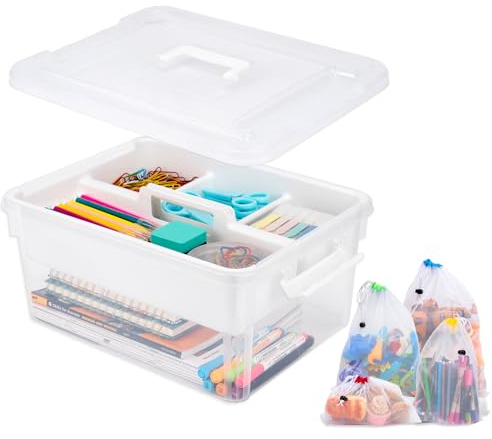 Pechor 16L Clear Plastic Storage Box with Lids, Heavy-Duty Craft Boxes | Stackable with Removable Tray Storage Container Organizers for Art, Tool, Craft, Sewing, Toy, Building Blocks (with Handle)
