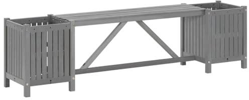 HGFDCBK Panca in acacia massiccia grigia, 150 cm, con 2 vasi, panca con fioriere per terrazza e giardino
