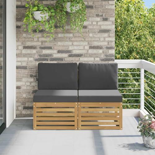 GeenYuu Outdoor Mittelsofa 2 Stück aus massivem Akazienholz Weiß mit Polsterkissen wetterfest für Garten Terrasse Balkon Lounge Sitzgruppe erweiterbar mit Lehne