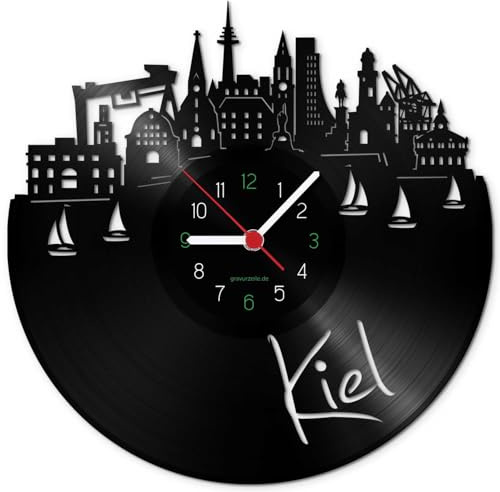 GRAVURZEILE Schallplattenuhr - Skyline Kiel - Wanduhr aus gegossenem Vinyl mit Stadt Skyline 30 cm - Upcycling Design-Uhr Wand-Deko Vintage Wand-Dekoration Retro-Uhr - Made in Germany