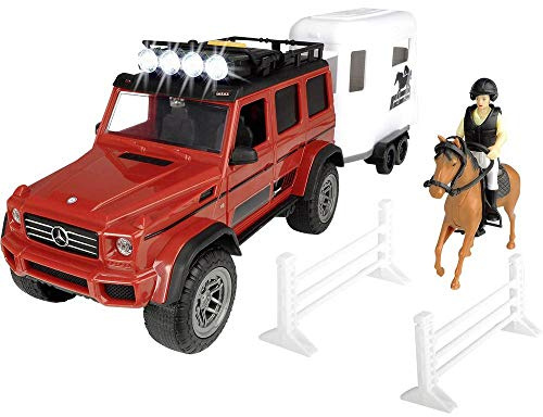 Dickie Toys Playlife-Pferdeanhänger Set, Mercedes Benz AMG 500 Geländewagen, mit Pferdeanhänger & Pferd, inkl. Figur als Reiterin mit Helm, Licht & Sound, inkl. Batterien, 40 cm, ab 3 Jahren