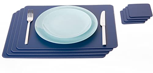 Nikalaz Platzsets und Untersetzer (4er set) aus recyceltem Leder, 4 Stück platzsets und 4 undersetzer, Tischsets, Platzdeckchen 40 x 30 cm und Untersetzer 10 x 10 cm (40 x 30 cm, Blau)
