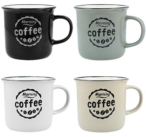 com-four® 4x Kaffeebecher im Vintage-Design - 380 ml Kaffeetasse aus Keramik - Henkeltasse im Emaille-Look für zu Hause, Büro, Garten, Camping (4 Stück - beige/grau/schwarz/weiß)